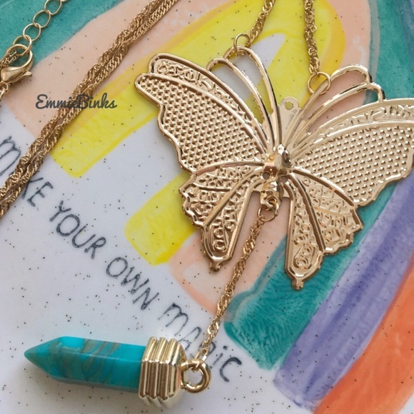 💥3for$28  New Golden Butterfly & Turquoise Marbled Crystal Charm Necklace - Picture 11 of 14